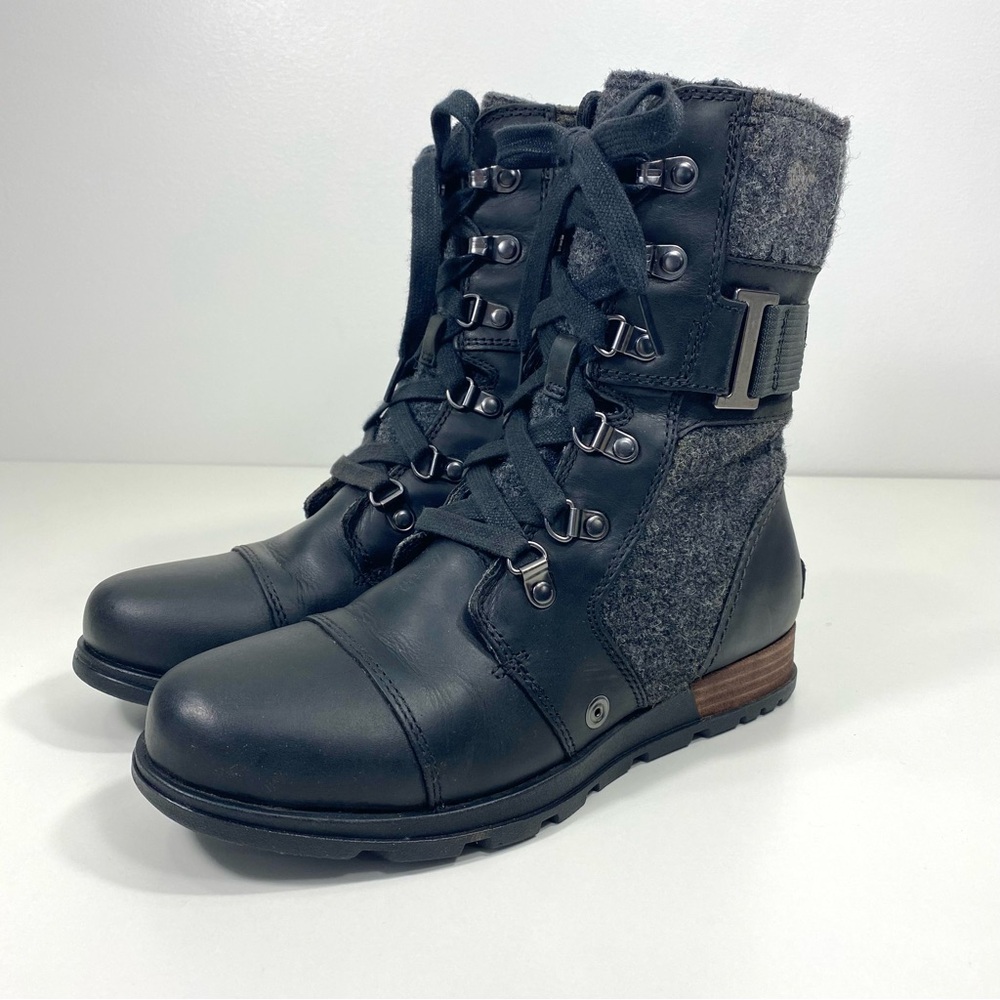Sorel Major Carly Black Leather Gray Wool Zip Lace Up Rugged Moto Combat Boots 7